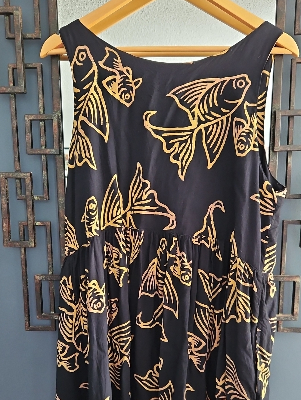 Vintage April Cornell Summer Dress Size L Black Fish Print Maxi Dress